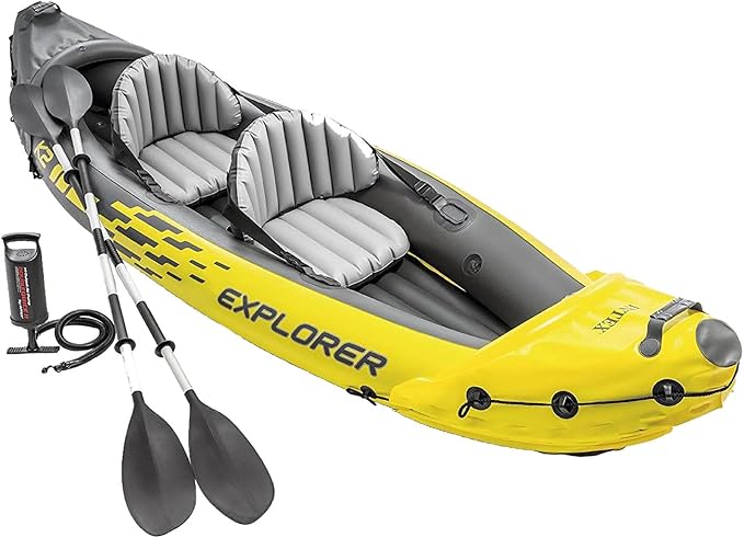 Intex 68307EP Explorer K2 インフレータブルカヤックセット：デラックス86インチアルミオールと高出力ポンプ付き – 超強力PVC – 背もたれ付き調節可能シート – 2人用 – 耐荷重400ポンド