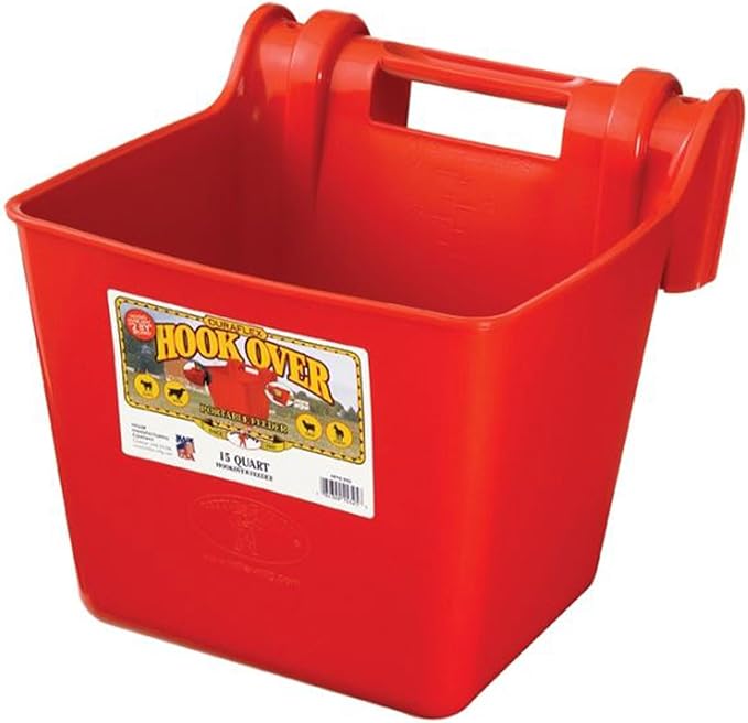 Little Giant® Plastic Hook Over Feeder | Mountable Livestock & Pet Feed Bucket | Horse Feed Bucket | Made in USA | 15 Quarts | Red