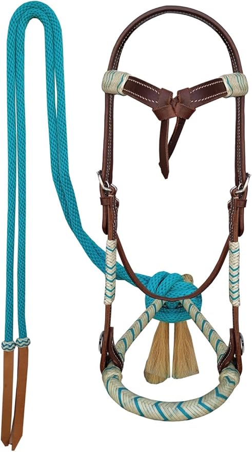 CHALLENGER Horse Western Knotted Bosal Rawhide Hanger Headstall w/Turquoise Braided Reins 78J04TR