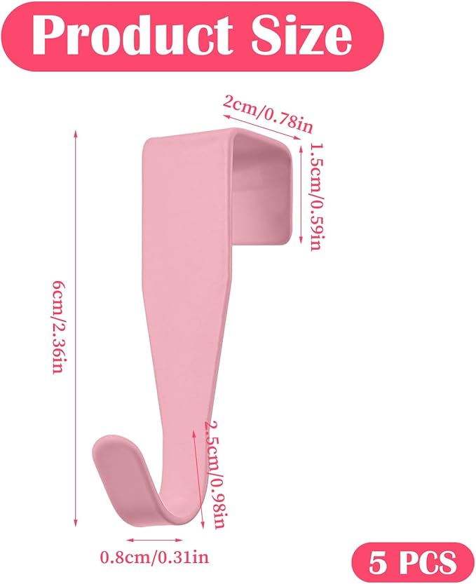 5 Pcs Over Cabinet Door Hooks Sturdy Single Metal Over Door Hanger Electroplate Metal Hook Cabinet Storage Hook for Hanging Towels Clothes Bags Cubicle Bathroom Use(Pink)