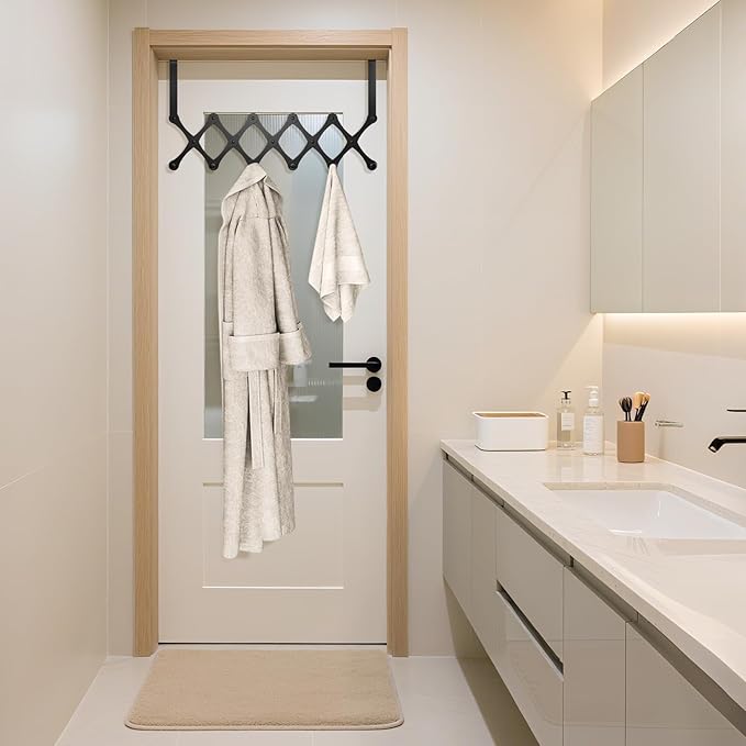 Expands Over The Door Hook Rack, Heavy Duty No Drill Hooks for Bathroom, Bedroom, Kitchen, Closet - Over The Door Hanger for Towels, Robes, Bags, Coats(Black)