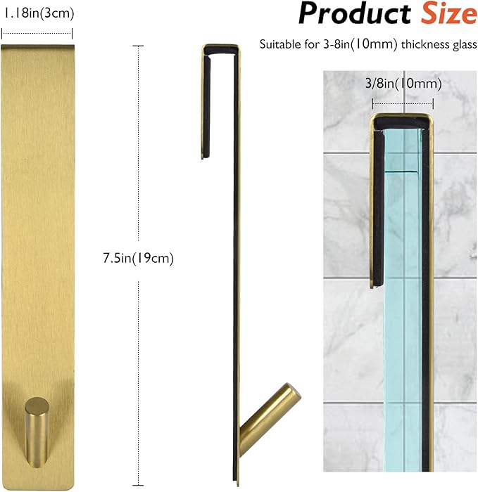 Shower Door Hooks (4 Pcs), 304 Stainless Steel, 7.5x1.18in, Gold, Frameless Glass Door Towel Storage, Lightweight, Heavy Duty, Rust Resistant, Removable, Non Slip