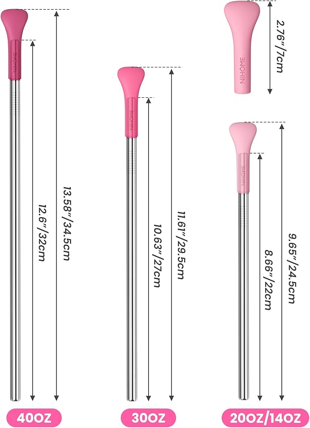 NiHome 6PCS Anti Wrinkle Straws with Silicone Widen Flat Tip Drinking Metal Straw, Fit for Stanley 20/30/40 oz Tumbler, Reusable Wrinkle Free Stainless Steel Long Straw, 2 Brushes & Carry Bag (Pink)