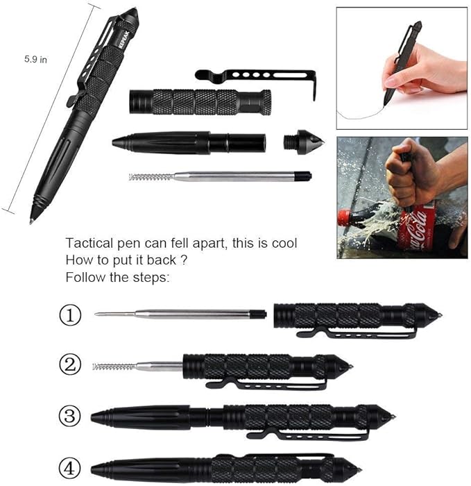 KEPEAK Military Tactical Pen, Professional Self Defense Pen, Emergency Glass Breaker Pen - Tungsten Steel, Writing EDC Survival Tool with 6 Refill