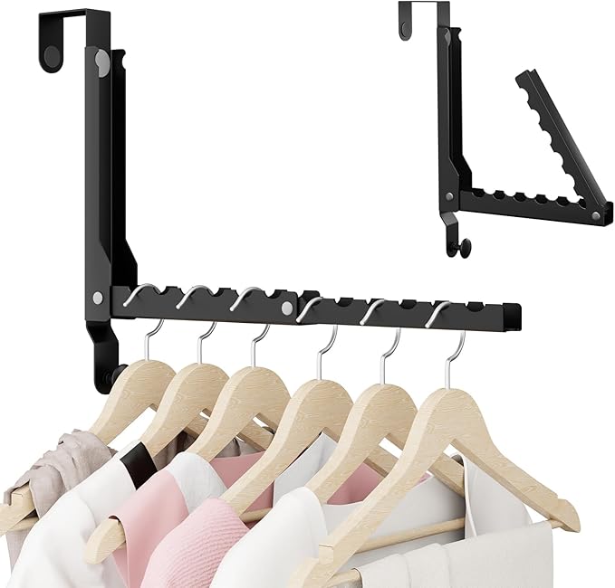 BAKON Over The Door Hangers, Over Door Hooks for Hanging, Small Space Dual Folding Portable Over Door Clothes Hanger for Clothes, Hats, Bags and Towels. (1, Black(Update))