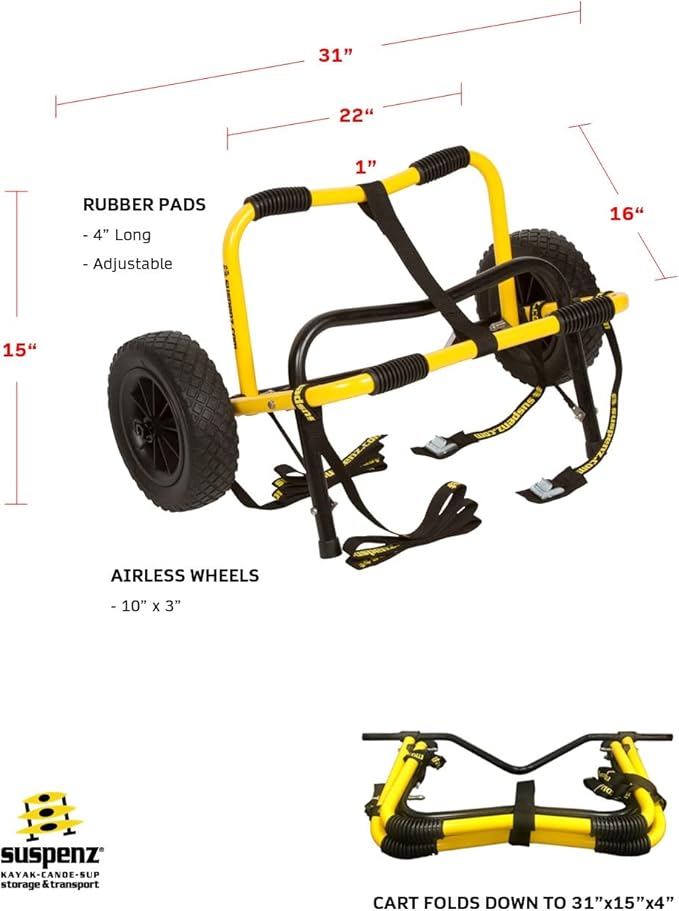 Suspenz Kayak Canoe Trailer Cart, Heavy Duty Kayak Transport Dolly with Airless Wheels, Yellow, 22-6699