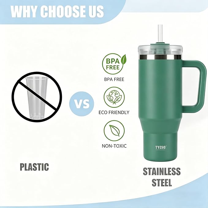 TYESO Vacuum Insulated Tumbler Water Bottle Cold Insulation Stainless Steel Bottle Straw Handle Mug Double Wall Wide Mouth (DARK GREEN, 30 oz)