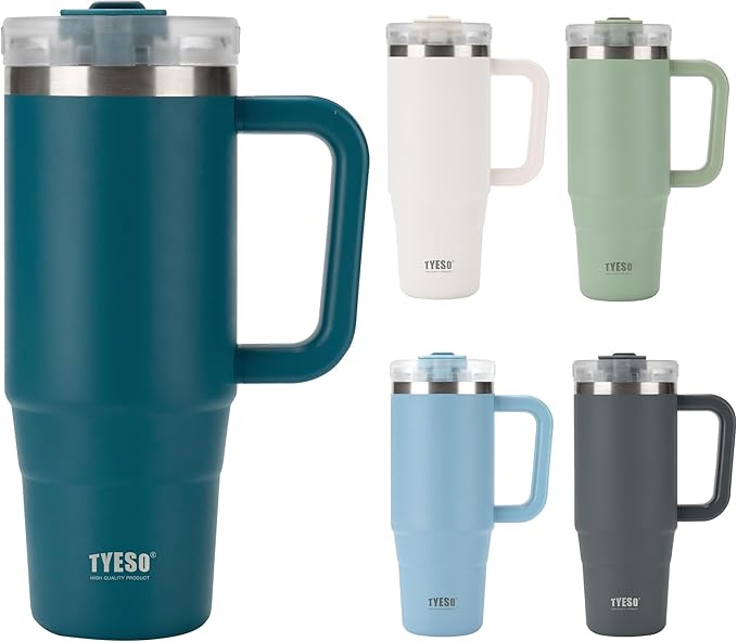 TYESO Vacuum Insulated Tumbler Water Bottle Cold Insulation Stainless Steel Bottle Straw Handle Mug Double Wall Wide Mouth (DARK BLUE, 40 oz)