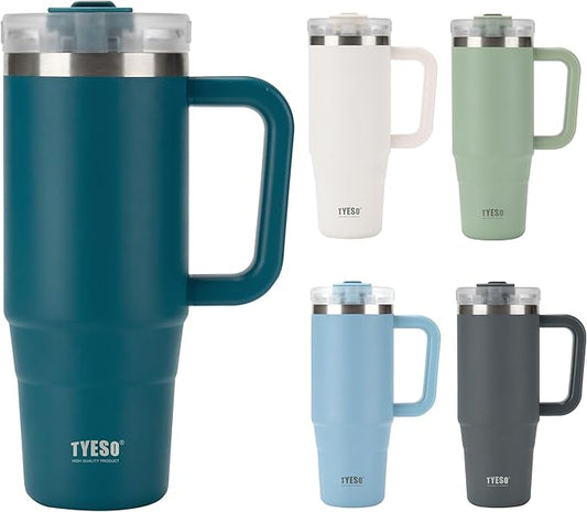 TYESO Vacuum Insulated Tumbler Water Bottle Cold Insulation Stainless Steel Bottle Straw Handle Mug Double Wall Wide Mouth (DARK BLUE, 40 oz)