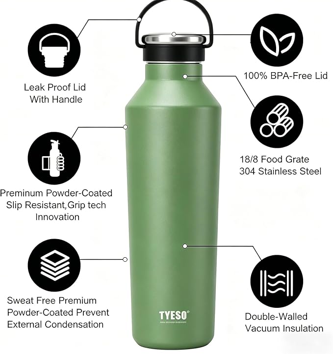 TYESO Stainless Steel Vacuum Insulated Water Bottle, Insulated Water Bottle with Soft Silicone Carry Handle (GREEN, 25 OZ)