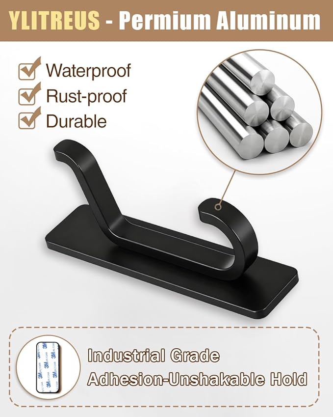 Self Adhesive Wall Hooks, 6 Pack Coat Hooks Wall Mount Heavy Duty Stainless, Double Extra Stick On Towel Hook for Bedroom Kitchen, Over The Door Hook for Hanging Key Hat Backpack (Black)