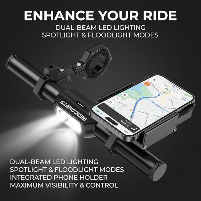 Redcomet Bike Handlebar Extender with Rechargeable Headlight, 800 Lumens USB Bike Light, 9.05" Aluminum Alloy Waterproof Bicycle Extension Bracket Accessories for Bicycle, E-Scooter