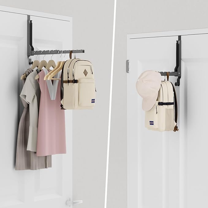 BAKON Over The Door Hangers, Over Door Hooks for Hanging, Small Space Dual Folding Portable Over Door Clothes Hanger for Clothes, Hats, Bags and Towels. (1, Black(Update))