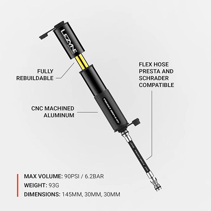 LEZYNE Pocket Drive HV Compact Bike Hand Pump, Pump-Only & Loaded Kit Options | 90 PSI High Volume Portable Bicycle Pump for Plus-Size Tires, CNC Aluminum, ABS Flex Hose, Presta & Schrader Compatible