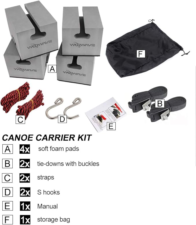 WOOWAVE Canoe Carrier Deluxe Carrier Kit Universal Soft Standard Foam Block for Roof Racks Car-Top Replacement with Tie-Downs, 6 inches