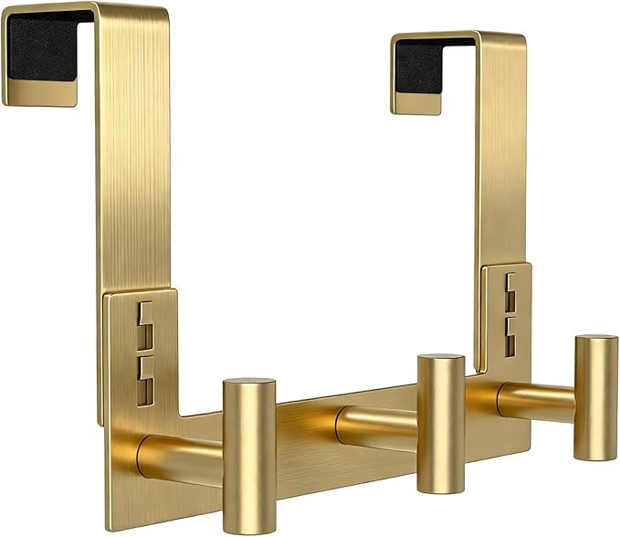 PMMASTO Over The Door Hooks, Fits 1-3/4" Thick Door No Drill Hooks for Closet Bathroom Bedroom Organization, Hanger for Coat Towel Robe (Gold, 3 T-Hooks)