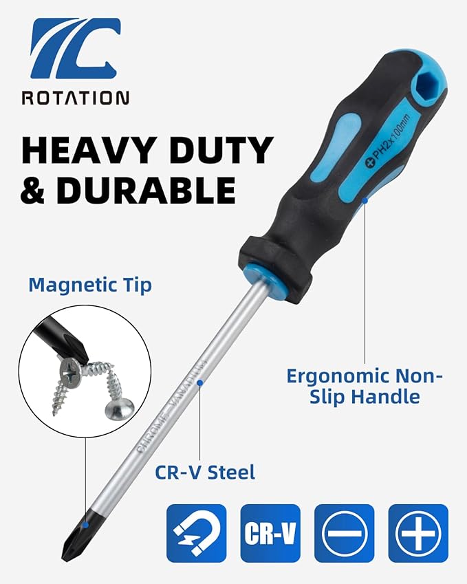 ROTATION 11-Piece Magnetic Screwdriver Set, 5 Phillips & 5 Slotted Tips, Include Magnetizer, Screwdriver with Professional Non-Slip Grip, for Home Repair and DIY Projects