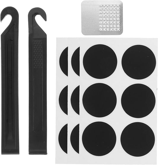 Bicycle Tire Repair Kit with 18 Self-Adhesive Patches, 2 Heavy-Duty Tire Levers and 1 Sandpaper Rasp, Tubeless Patch Set for Mountain Bikes and Road Cycling Maintenance