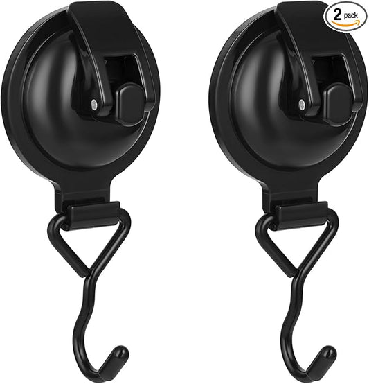 Heavy Duty Vacuum Wreath Cup Adhesive Hook,Hanging 13 lbs Robe Towel Hooks, Easy to Install and Remove, Super Suction for Kitchen， Bathroom and Restroom (Shiny Black, 2Pack)
