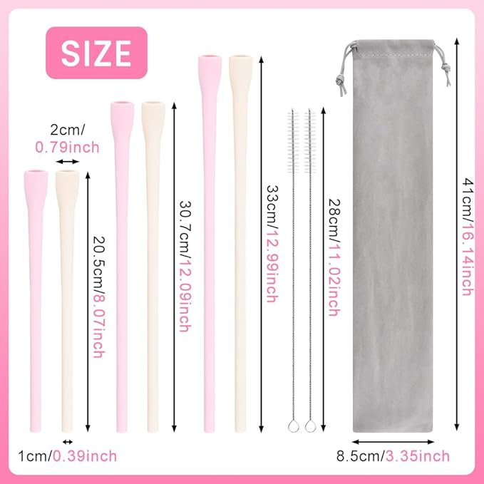 6 Pcs Anti Wrinkle Straw, Flat Wide Drinking Straw Compatible with Stanley 40 oz & 30 oz, Reusable Flexible Wrinkle Long Drinking Straws with Cleaner Brush, Perfect for Lip Filler