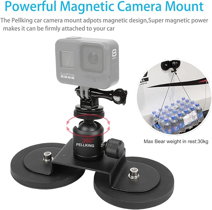 PellKing Magnet Camera Mount for GoPro 13/Insta360 X5/X4/X3,Heavy-Duty Metal Car Magnetic Camera Mount with 360 Degree Rotation Ball Head for Car,Compatible with GoPro Hero 13 12 11 Black 8/7/6/5,Etc