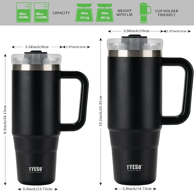 TYESO Vacuum Insulated Tumbler Water Bottle Cold Insulation Stainless Steel Bottle Straw Handle Mug Double Wall Wide Mouth (BLACK, 30 oz)