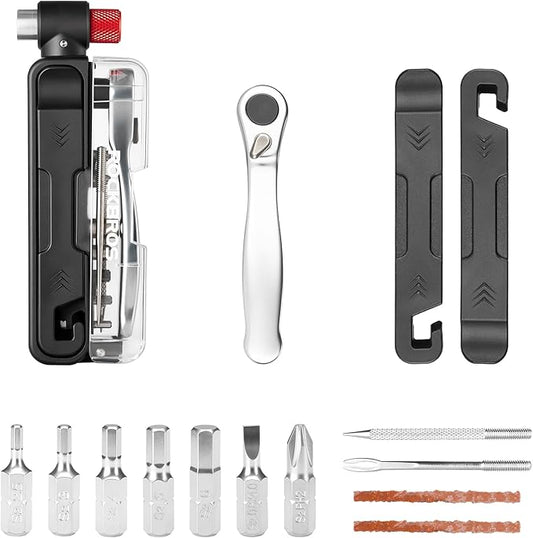 ROCKBROS Bike Tool Kit, Portable Bike Multitool with 7 Magnetic Bits, Ratchet Wrench & CO2 Inflator Nozzle, Bike Tire Repair Kit with Tire Levers for Road and MTB Emergency