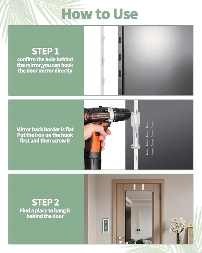 4 PCS Over The Door Mirror Hanger, Adjustable Door Mirror Hanger, Five-Hole Over The Doors-Mirrors Hook, Mirrors Doors Hangers with 2 Iron Filings and Screws (White)