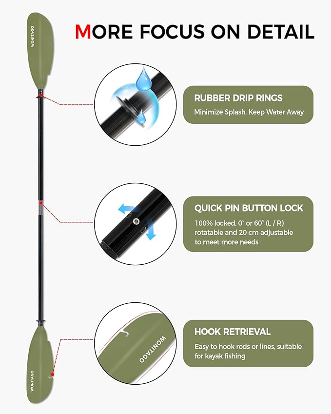 Angler Kayak Paddle with Fiberglass Shaft and Plastic Blade, Adjustable Fihsing Kayak Oar, 86-94" (220-240 cm), 94-102" (240-260 cm), 102-110" (260-280 cm)