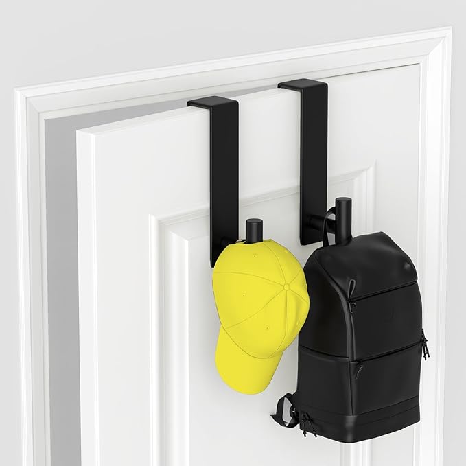 Heavy Duty Stainless Steel Over-Door Hook for Coats, Totes, Towels – Easy Install Door Hooks with Non-Slip Pads for Bedroom Bathroom Entryway Office (Black, 2 Pack, Fits 1-3/4" Thick Door)