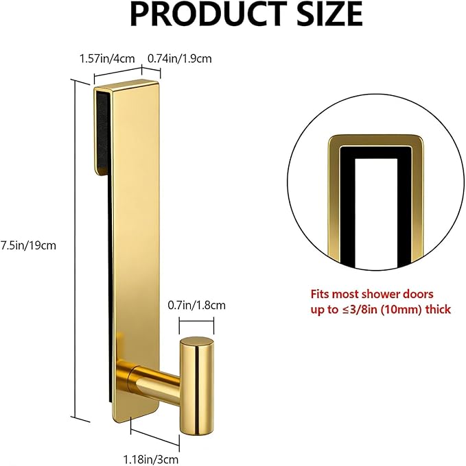 PMMASTO Shower Door Hooks, (7.5 Inch) Extended Towel Hooks for Bathroom Frameless Glass Shower Door, Stainless Steel Heavy Duty Hooks (Gold, T Shape-Fits 3/8" Thick Door)