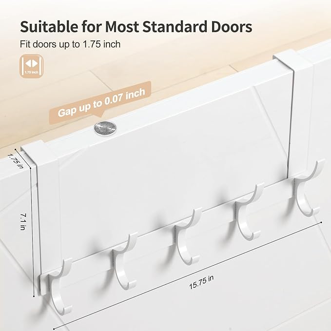 Over The Door Hooks, Door Hanger Hooks for Hanging, Over The Doors Towel Racks for Bathroom with 10 Coat Hook, Coat Rack Bathroom Accessories（1 Pack, White）