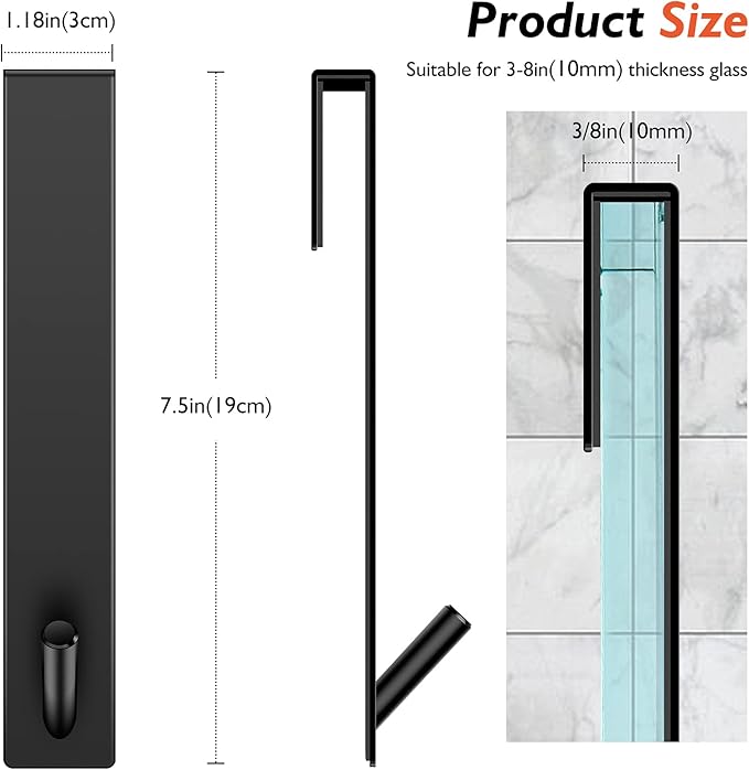 Shower Door Hooks(7.5 Inch),Extended Over Door Hooks for Bathroom Frameless Glass Shower Door,Stainless Steel Towel Hooks,Heavy Duty Rack Hooks for Robe,Towel-3 Pack-Black
