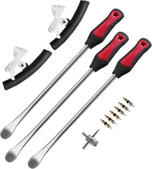ROTATION 14.5" Steel Tire Spoons Tool Set, 6-Piece Tire Iron Kit, Professional Tire Removal Tools for Motorcycle Dirt Bike Scooter, Include 3 Tire Spoons, 2 Rim Protector, 1 Valve Tool, 6 Valve Cores