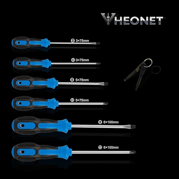 Screwdriver Set : 6-Piece Magnetic Screwdriver Set with 4-in-1 Keychain Tool | Includes Phillips & Flat Head | Non-Slip Grip for DIY & Home Repair | Practical Gift (Blue & Black)