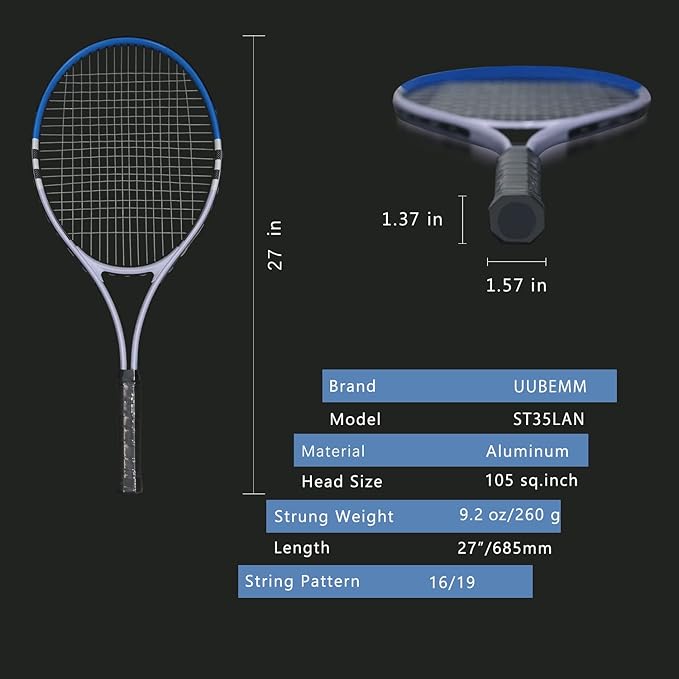 Tennis Racket Pre-Strung Lightweight 27 Inch Racquet Recreational Adult Rackets for Men Women Students Training Tennis Starter Kit with Balls,Carry Bag and Overgrips
