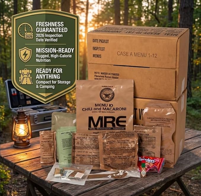 2026 Inspection MRE, U.S. MRE Meals, Emergency Supplies, Emergency Food Supply, Survival Food, Freeze Dried Food w/Flameless Heater, Ready Meals (Variety Pack of 24) – (A & B Case Fresh Stock) MREs have 10 Year Shelf Life From Inspection Date