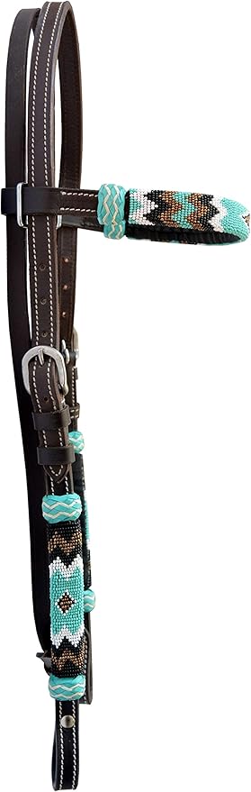 Western Horse Headstall Standard Size – Adjustable Hand Braided Genuine Leather Bridle with Rawhide Knotting, Stitched Accents & Multicolor Beads, Western Riding Tack, Light Brown