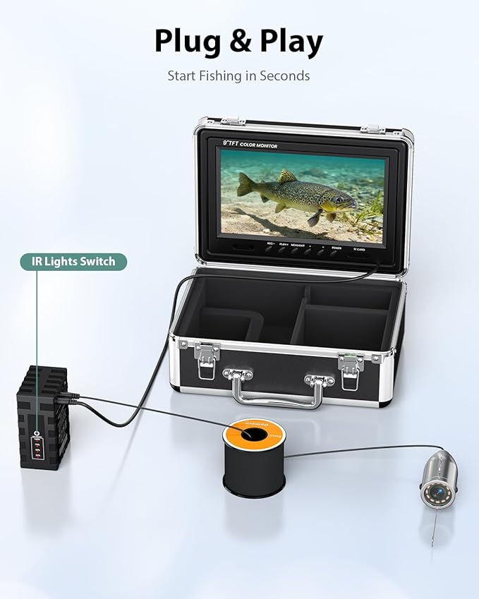 Eyoyo 水中釣りカメラ ポータブルビデオ魚群探知機 9インチ液晶モニター 1000TVL 防水カメラ 水中DVRビデオフィッシュカム 30mケーブル 12個のIR赤外線ライト アイスフィッシング、ボートフィッシング、湖での釣りに対応