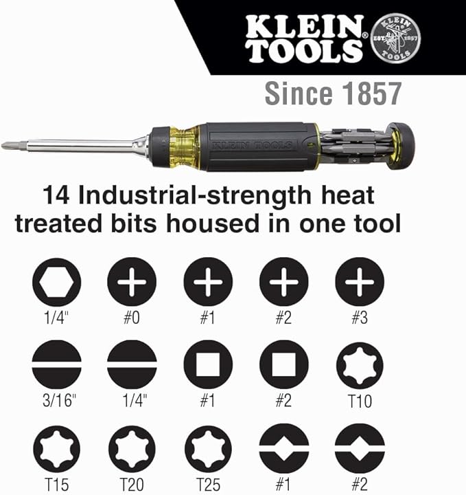 Klein Tools 32305 Multi-bit Ratcheting Screwdriver, 15-in-1 Tool with Phillips, Slotted, Square, Torx and Combo Bits and 1/4-Inch Nut Driver