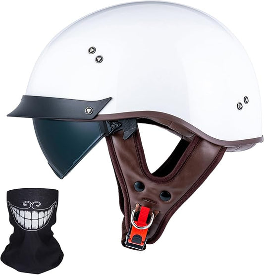 VCOROS Half Helmet Motorcycle DOT Approved Open Face Helmet with Sun Visor and Quick Release Buckle for Adults Men and Women(F07A Gloss White,XL)
