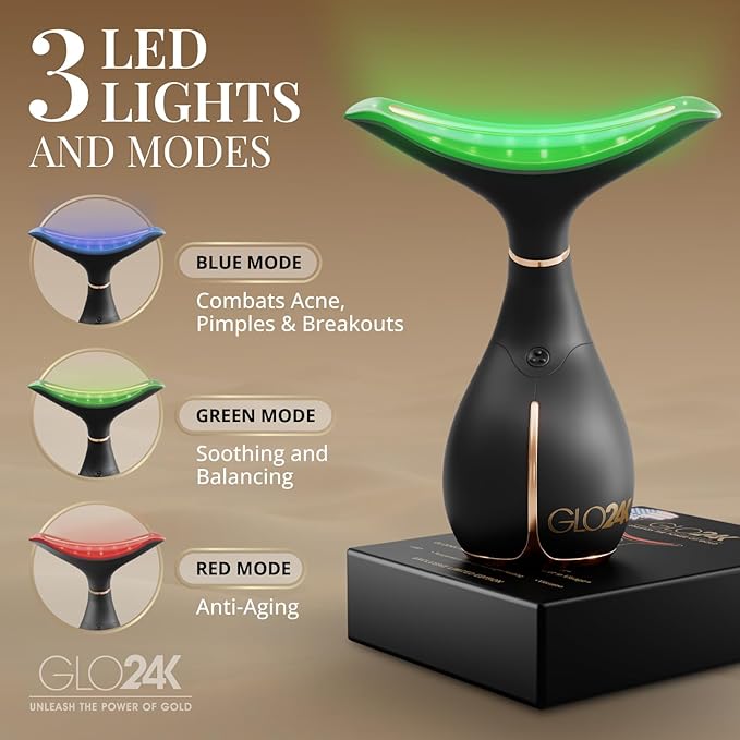 GLO24K レッドライト フェイス＆ネック美容機器 – LEDと振動による肌の活性化と首の引き締めを叶える3-in-1フェイシャルマッサージャー