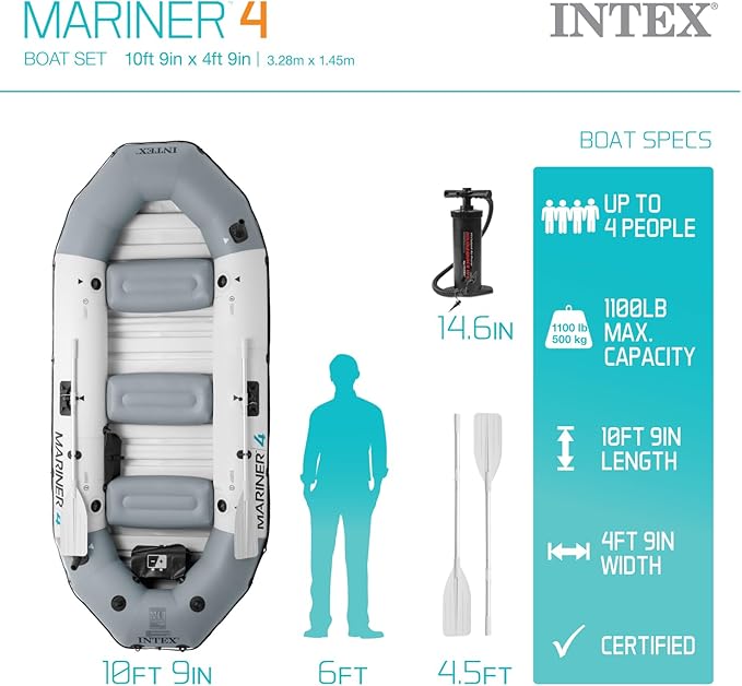 INTEX 68373EP Mariner 3 Inflatable Boat Set: Includes Deluxe 54in Boat Oars and High-Output Pump – Wear-Resistant Keel – Removable Fishing Rod Holders – 3-Person – 880lb Weight Capacity
