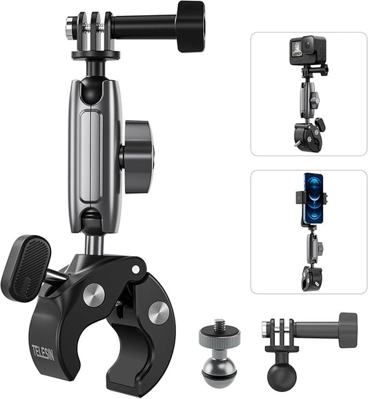 TELESIN Super Clamp Camera Mount with 360° Dual Ball Head, Bike/Bicycle/Motorcycle Handlebar Mount for DJI Osmo Pocket 4/ DJI Osmo Action 6/ Action 5 Pro/Osmo Nano/Action 4/Hero 13 12 11/Insta 360 X5