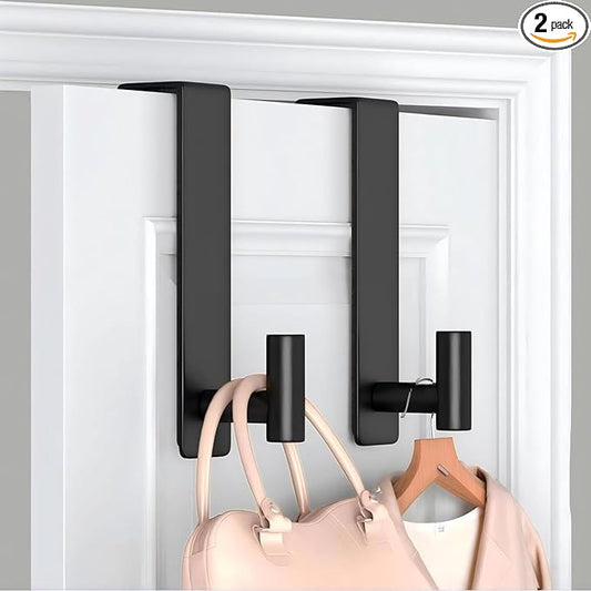 Heavy Duty Stainless Steel Over-Door Hook for Coats, Totes, Towels – Easy Install Door Hooks with Non-Slip Pads for Bedroom Bathroom Entryway Office (Black, 2 Pack, Fits 1-3/4" Thick Door)