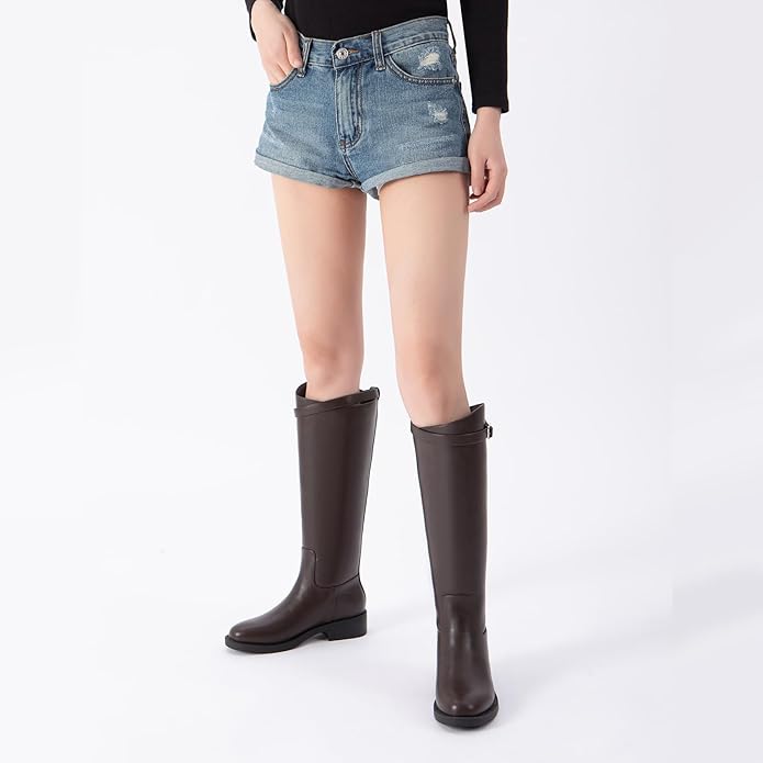 Athlefit Women's Knee High Riding Boots Round Toe Low Heel Tall Boots Pull On Long Booties with Buckle