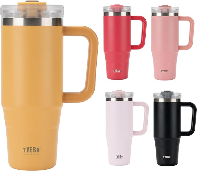 TYESO Vacuum Insulated Tumbler Water Bottle Cold Insulation Stainless Steel Bottle Straw Handle Mug Double Wall Wide Mouth (YELLOW, 30 oz)
