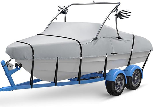 Ski & Wakeboard Tower Boat Cover, Full Metal Buckles Boat Cover, 100% Solution-Dyed Polyester Waterproof Tear and Fade Resistant, Fits 22-24ft V-Hull Runabout Tournament Boat with Ski/Wakeboard Tower
