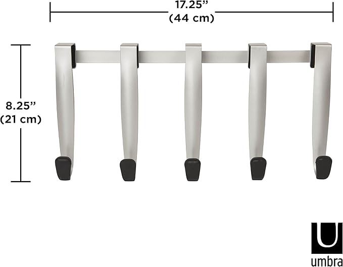 Umbra Schnook Steel Over-The-Door Multi-Hook - 5 Metal Hooks Measure 18" x 8" - Perfect for Hanging Robes, Towels, Shower & Bath Accessories - Keep Your Bathroom Organized and Neat