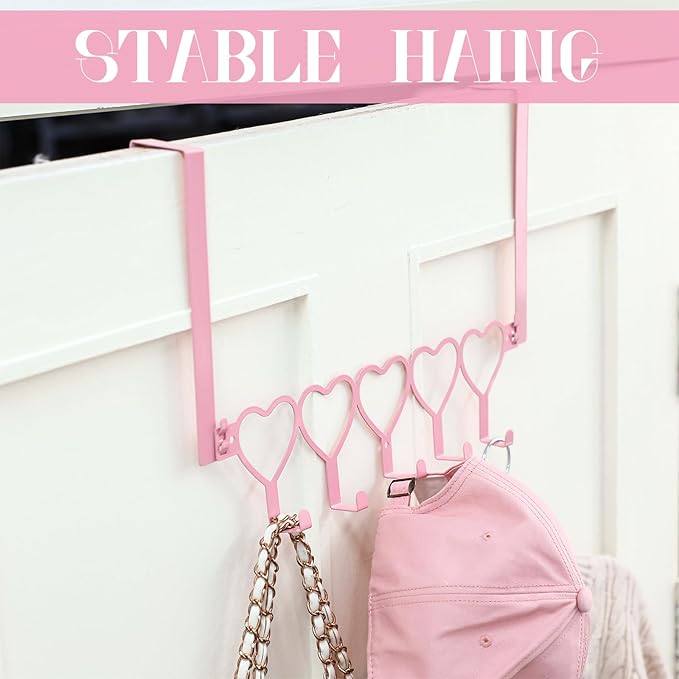 Pink Heart Over The Door Hooks Hanger Wall Mount Towel Hanger Door Holder Organizer 5 Hooks Kawaii Farmhouse Rustic Coquettish Style Decor for Bedroom Bathroom Towel Hat Clothes